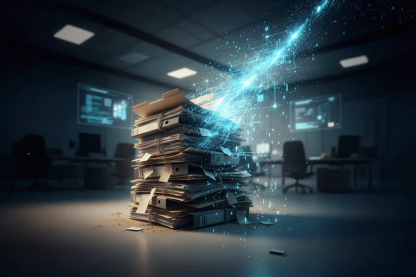 Una pila di faldoni e documenti cartacei impolverati, simbolo della burocrazia tradizionale, che si dissolvono gradualmente in flussi luminosi di dati digitali.