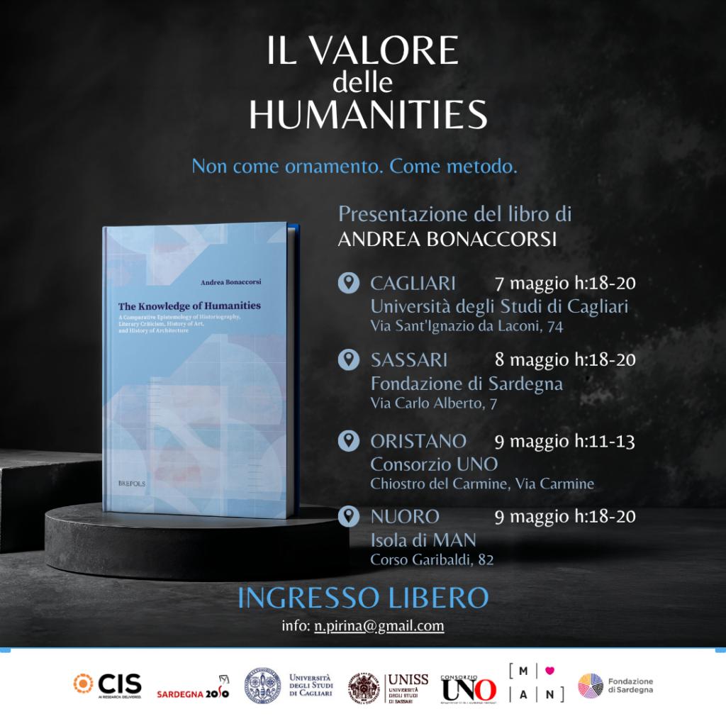 Locandina del tour di presentazione del libro The Knowledge of Humanities di Andrea Bonaccorsi in Sardegna: tappe a Cagliari, Sassari, Oristano e Nuoro dal 7 al 9 maggio.